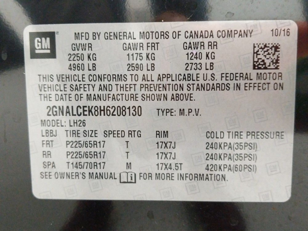 2017 Chevrolet Equinox - VIN Plate