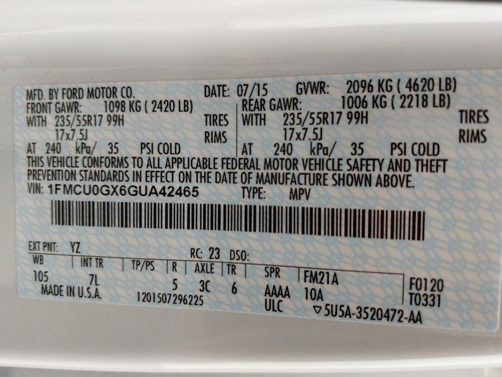 2016 Ford Escape - VIN Plate