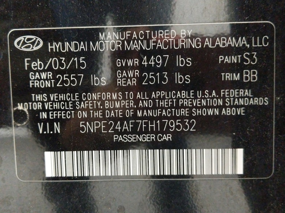 2015 Hyundai Sonata - VIN Plate