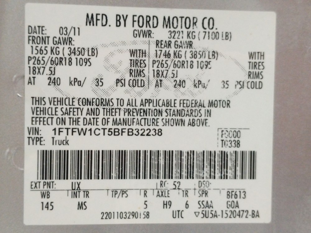 2011 Ford F-150 - VIN Plate