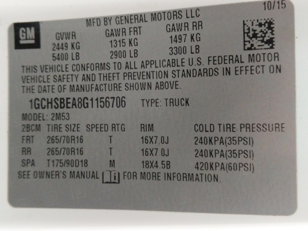 2016 Chevrolet Colorado - VIN Plate