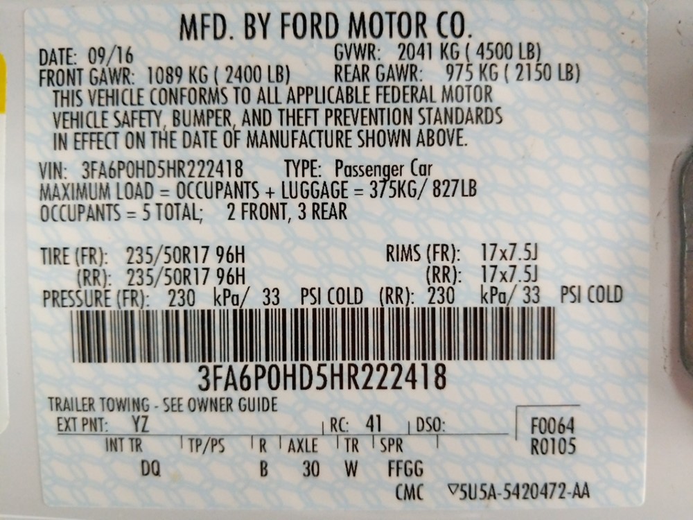 2017 Ford Fusion - VIN Plate