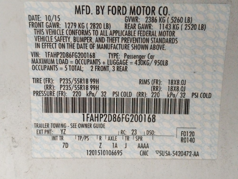 2015 Ford Taurus - VIN Plate