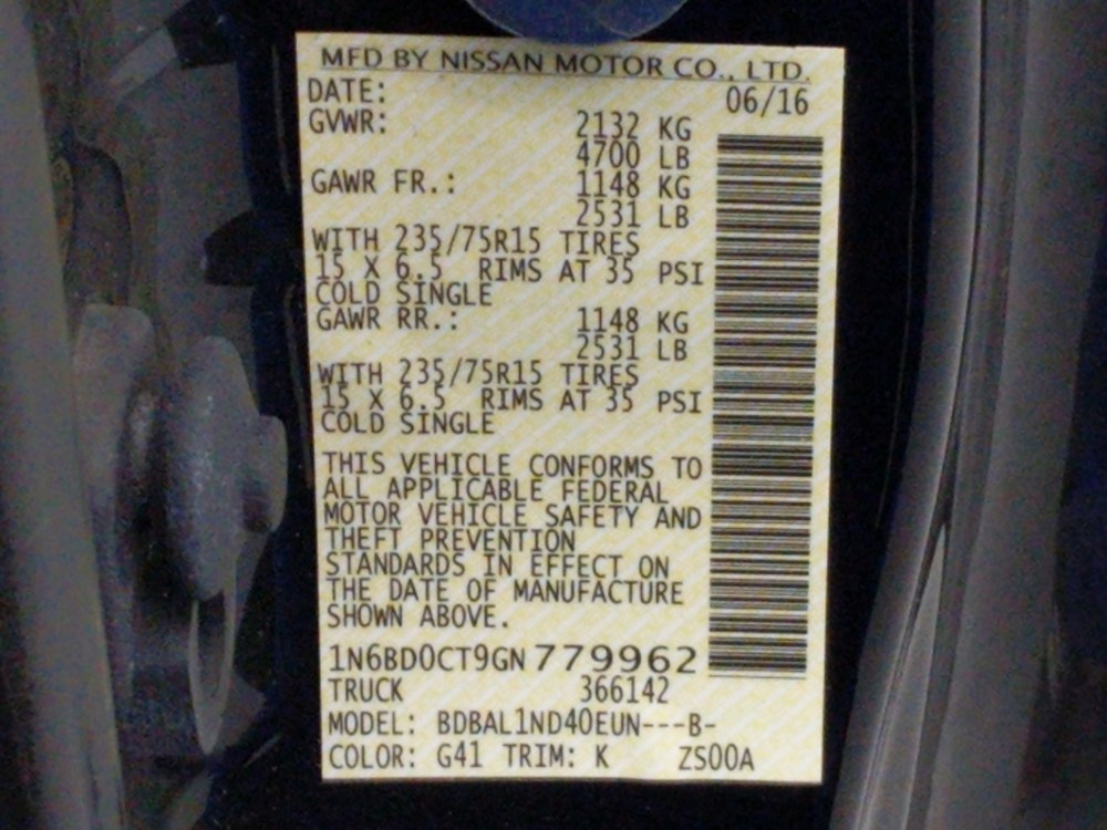 2016 Nissan Frontier - VIN Plate