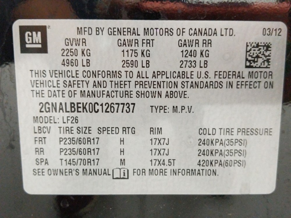 2012 Chevrolet Equinox - VIN Plate