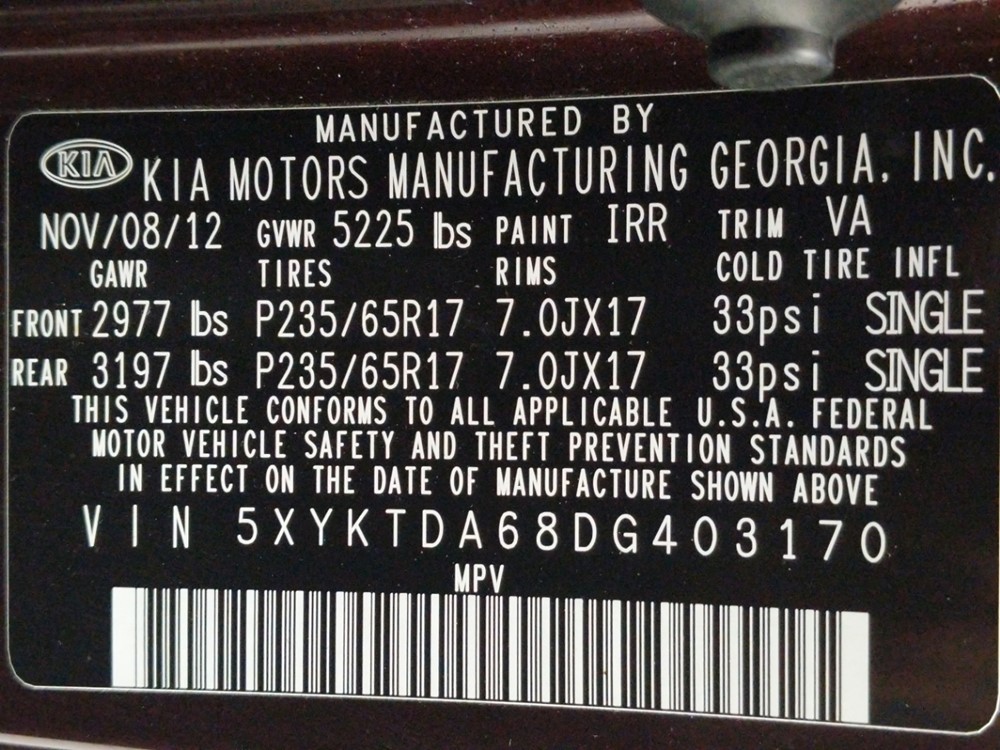 2013 Kia Sorento - VIN Plate