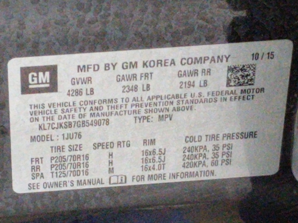 2016 Chevrolet Trax - VIN Plate