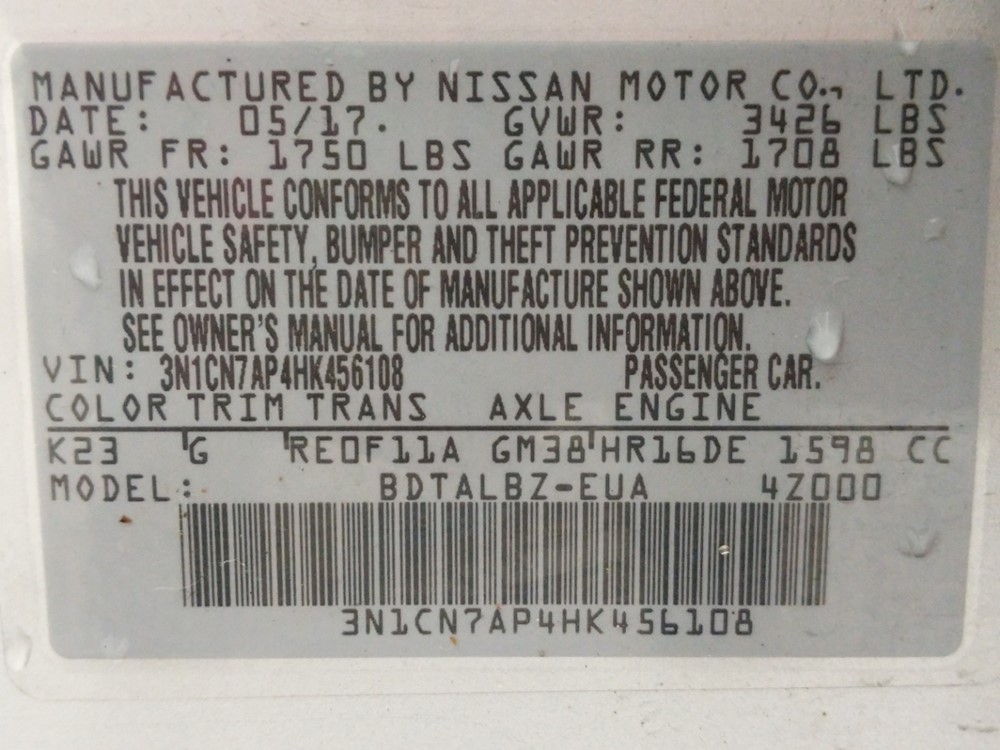 2017 Nissan Versa - VIN Plate