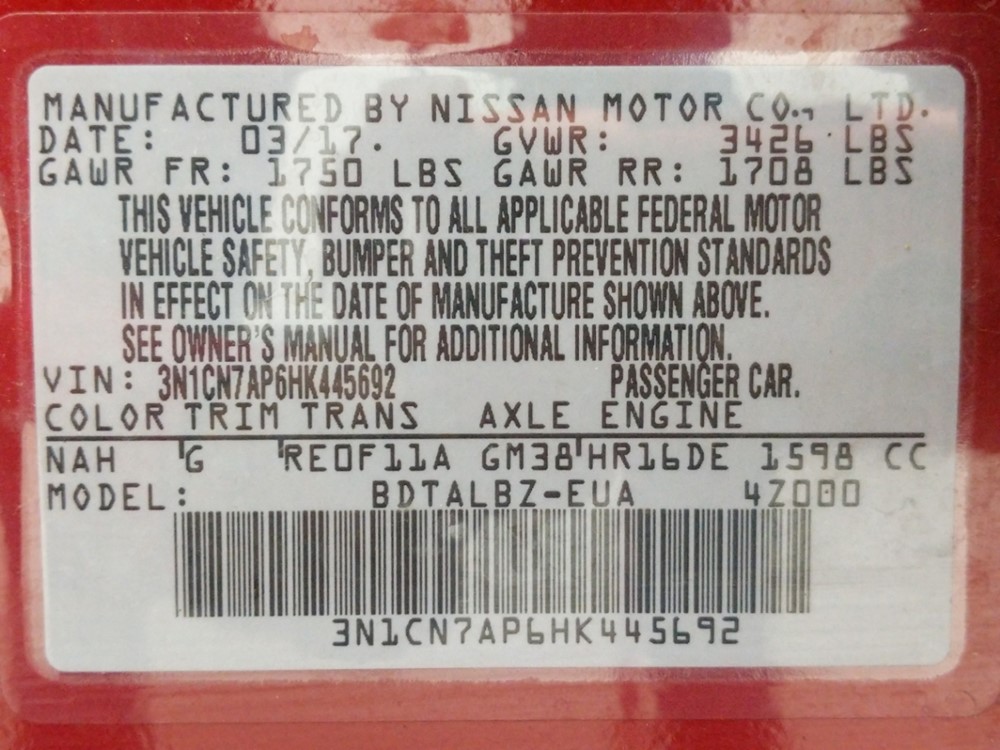 2017 Nissan Versa - VIN Plate