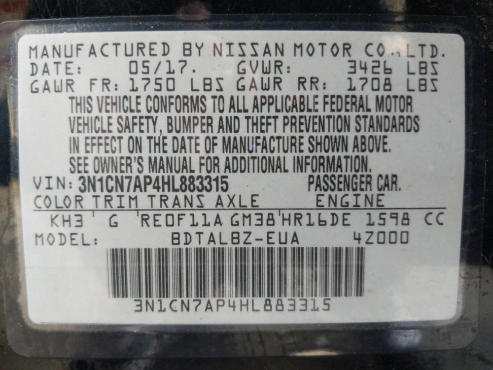 2017 Nissan Versa - VIN Plate