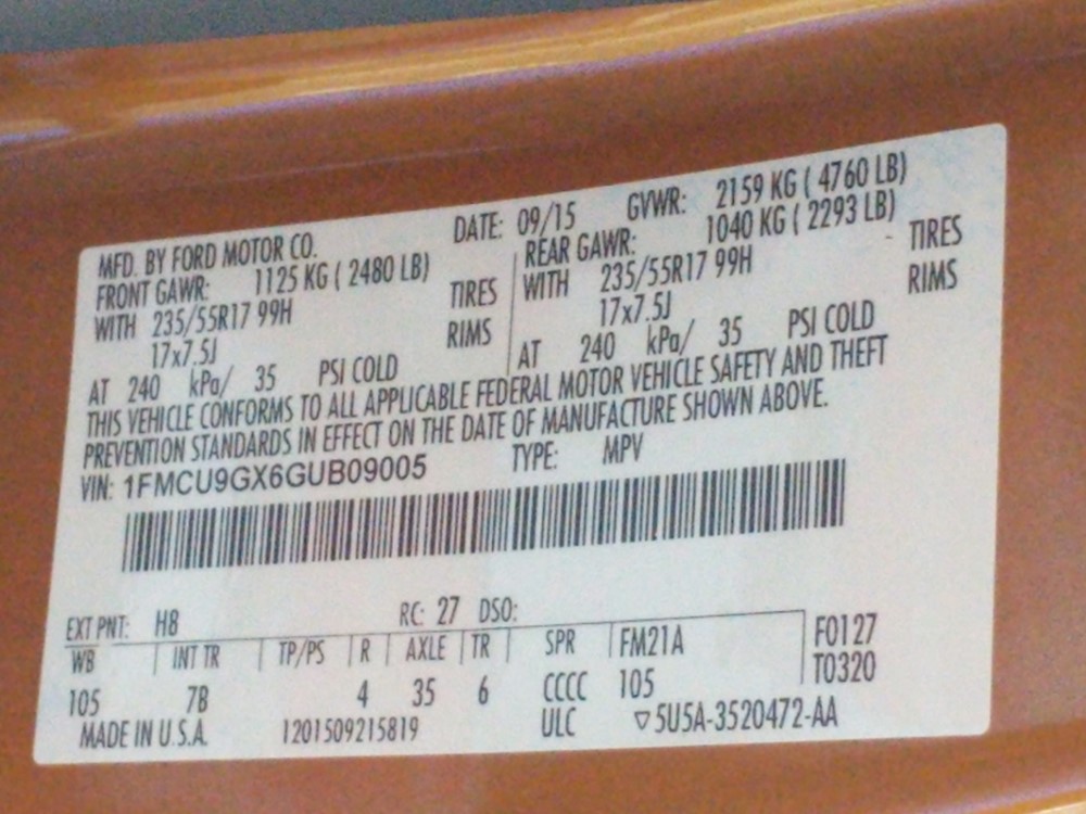 2016 Ford Escape - VIN Plate