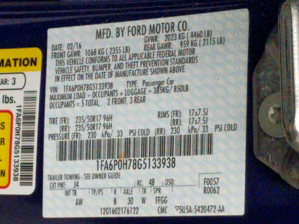 2016 Ford Fusion - VIN Plate