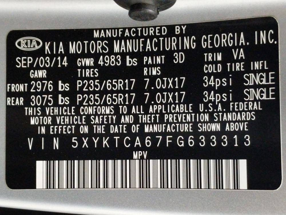 2015 Kia Sorento - VIN Plate