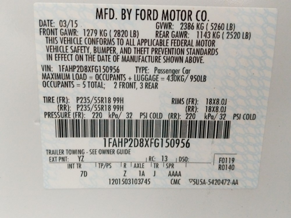 2015 Ford Taurus - VIN Plate
