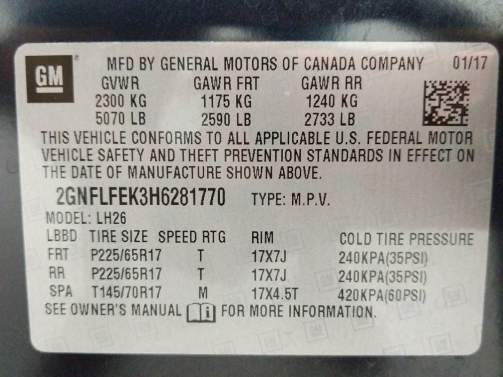 2017 Chevrolet Equinox - VIN Plate