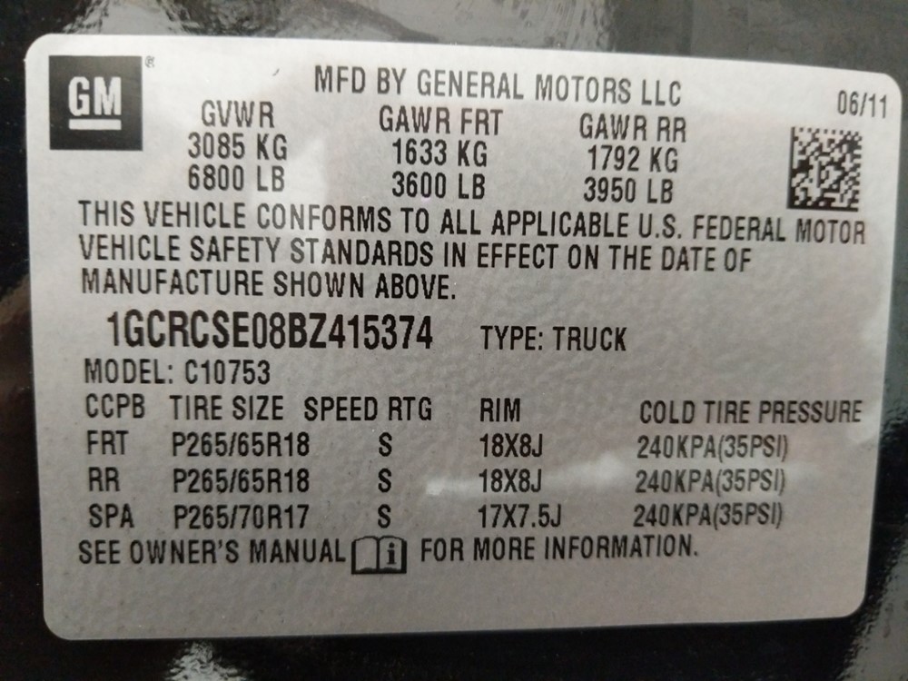 2011 Chevrolet Silverado 1500 - VIN Plate