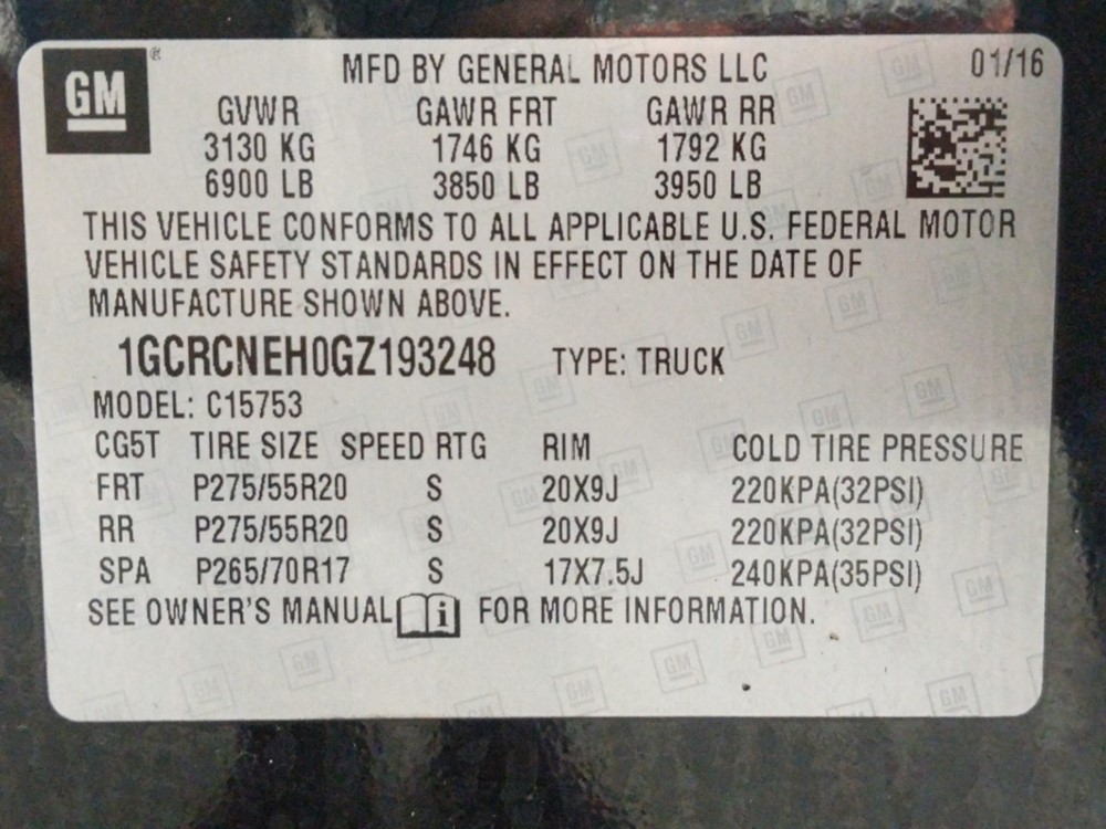 2016 Chevrolet Silverado 1500 - VIN Plate