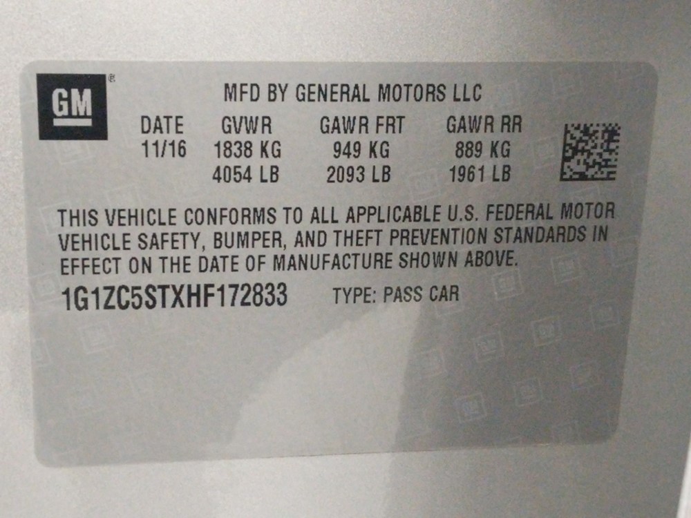 2017 Chevrolet Malibu - VIN Plate