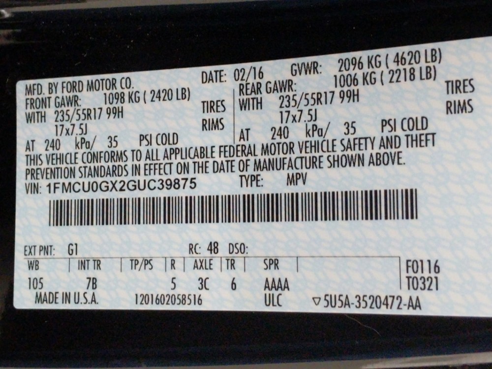 2016 Ford Escape - VIN Plate