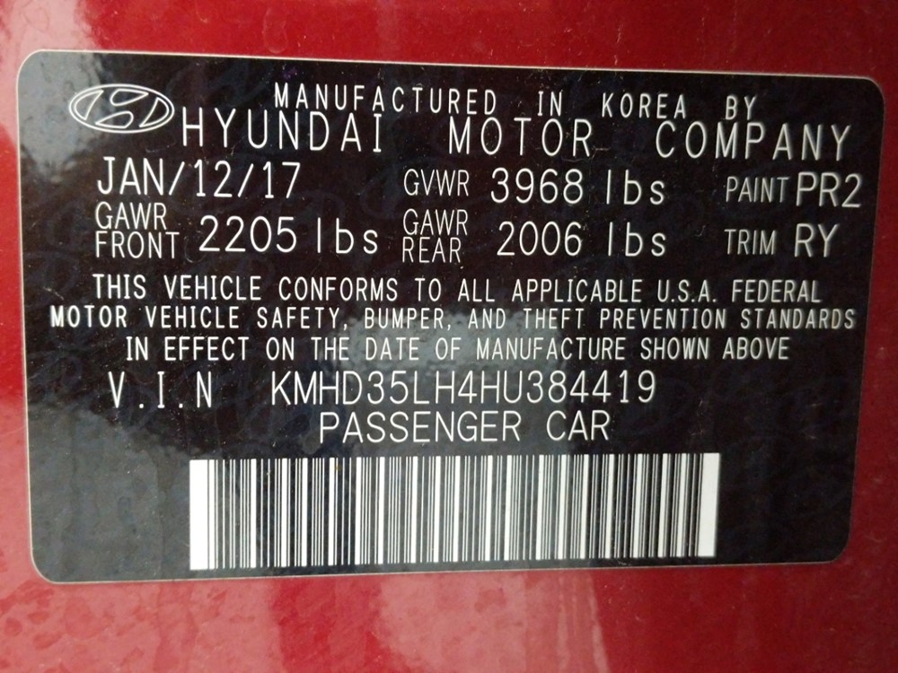 2017 Hyundai Elantra - VIN Plate