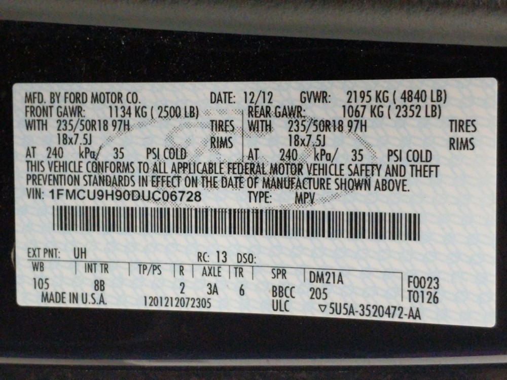 2013 Ford Escape - VIN Plate