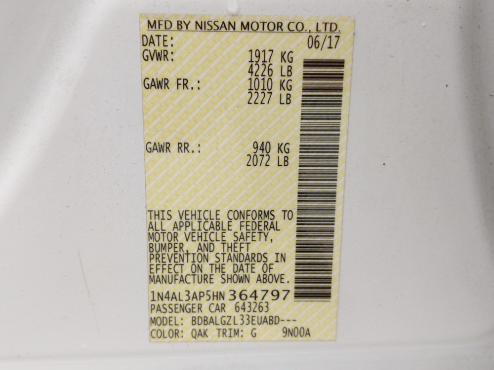 2017 Nissan Altima - VIN Plate