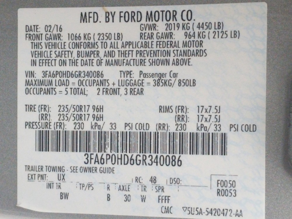 2016 Ford Fusion - VIN Plate