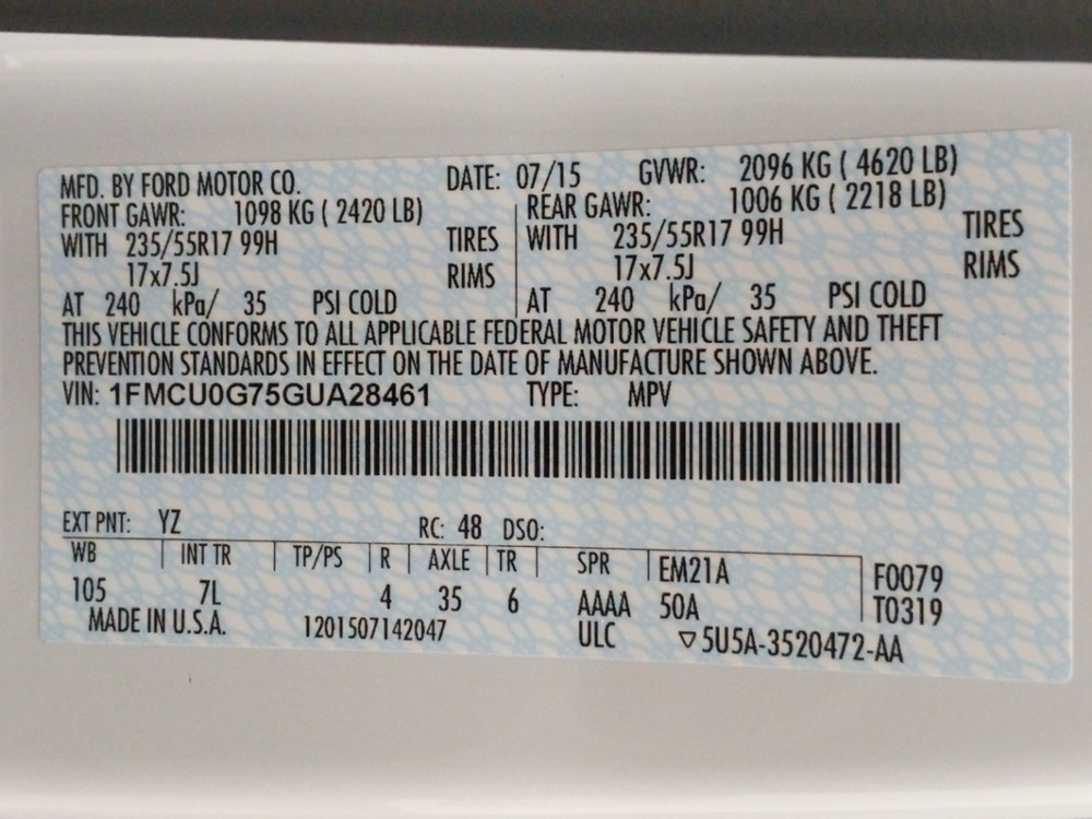 2016 Ford Escape - VIN Plate