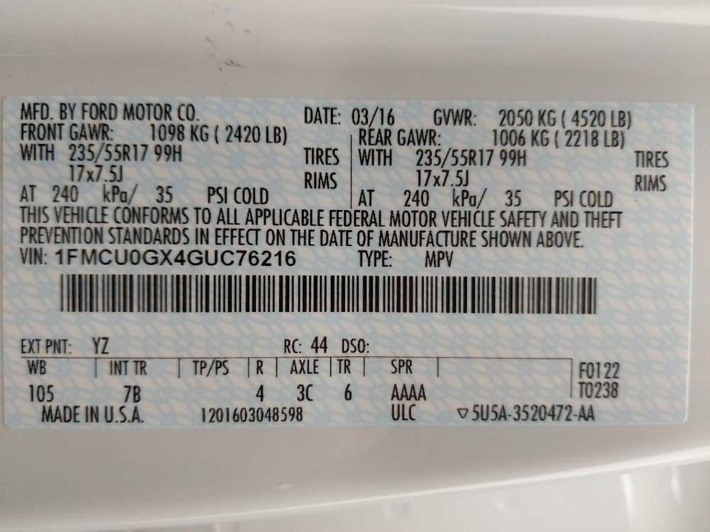 2016 Ford Escape - VIN Plate