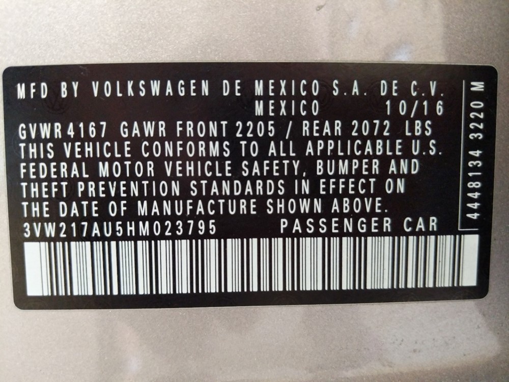 2017 Volkswagen Golf - VIN Plate
