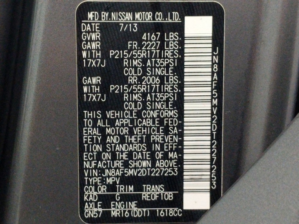 2013 Nissan JUKE - VIN Plate