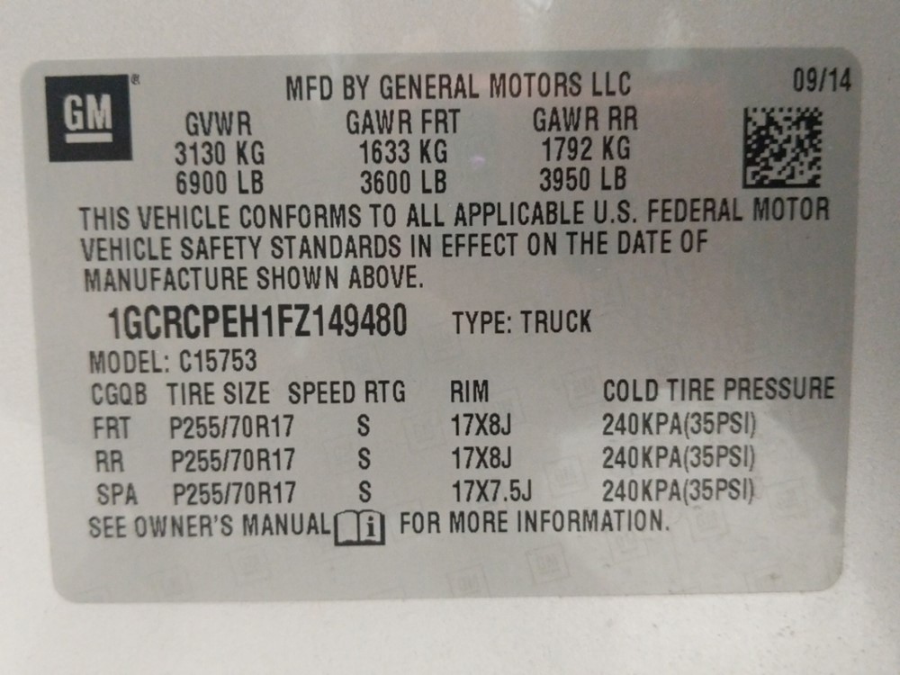 2015 Chevrolet Silverado 1500 - VIN Plate