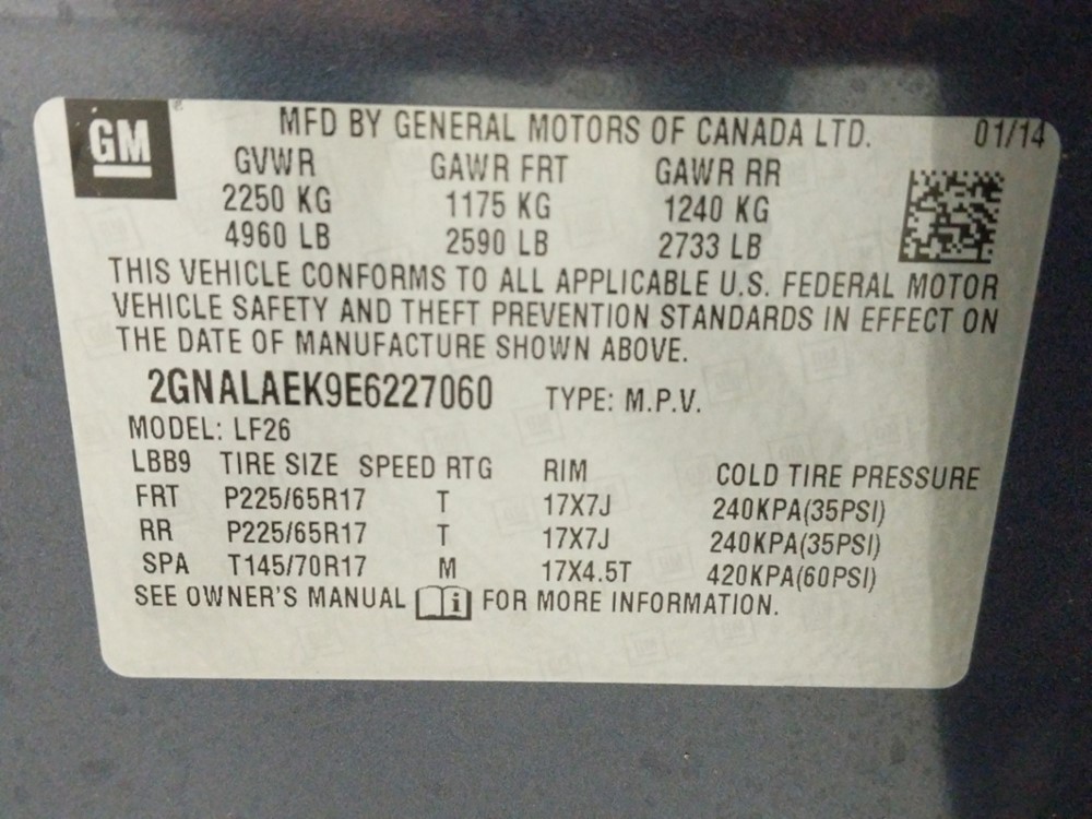 2014 Chevrolet Equinox - VIN Plate