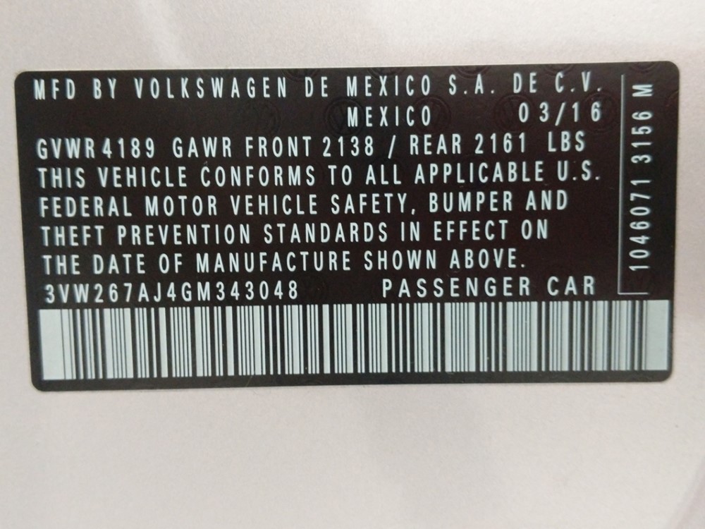2016 Volkswagen Jetta - VIN Plate