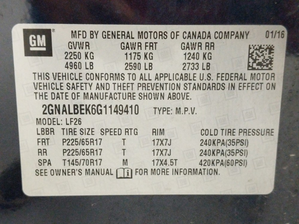 2016 Chevrolet Equinox - VIN Plate