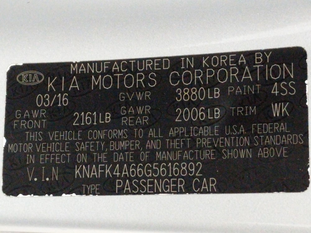 2016 Kia Forte - VIN Plate