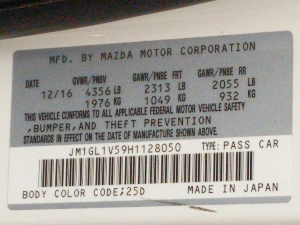 2017 Mazda Mazda6 - VIN Plate