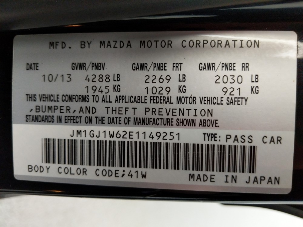 2014 Mazda Mazda6 - VIN Plate