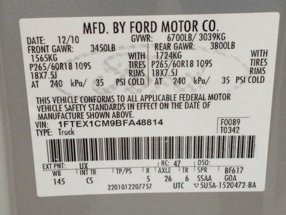 2011 Ford F-150 - VIN Plate