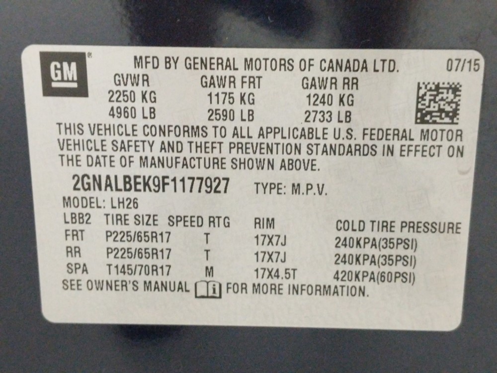 2015 Chevrolet Equinox - VIN Plate