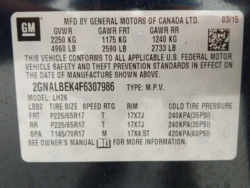 2015 Chevrolet Equinox - VIN Plate
