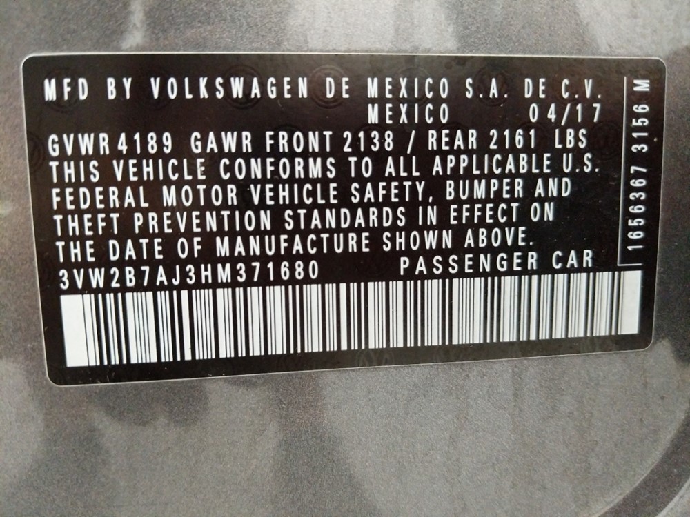 2017 Volkswagen Jetta - VIN Plate