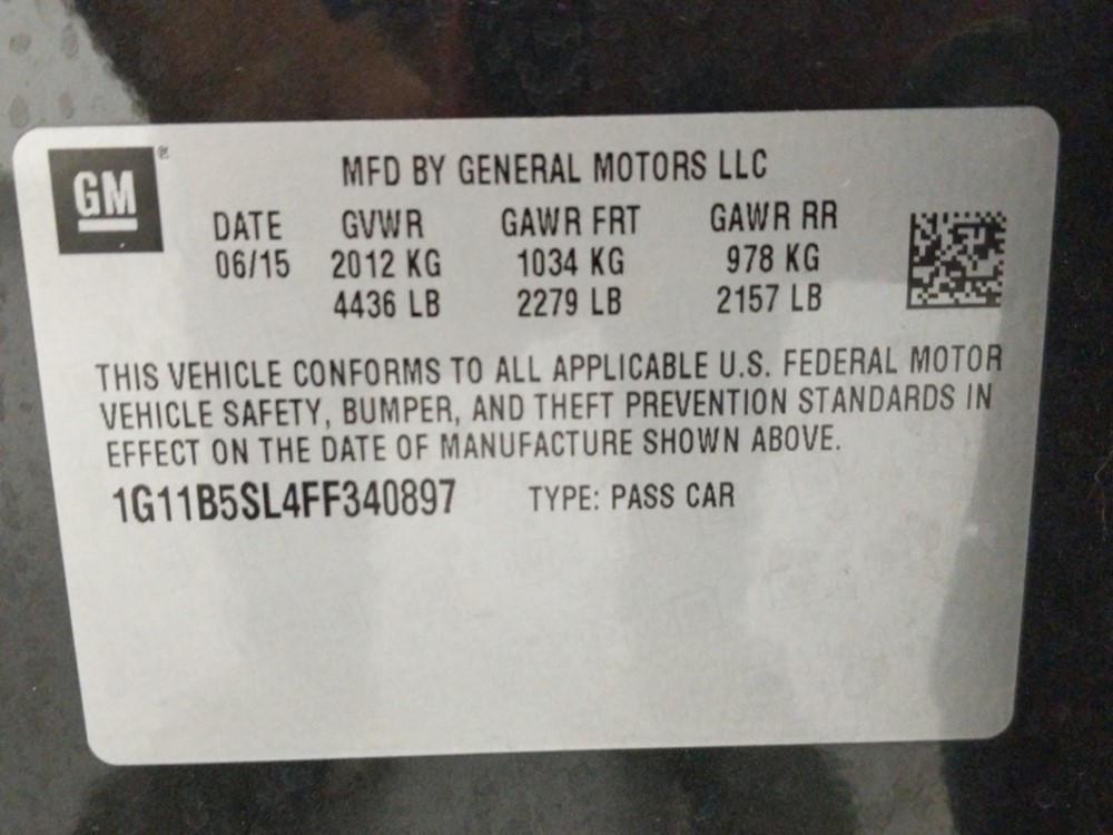 2015 Chevrolet Malibu - VIN Plate