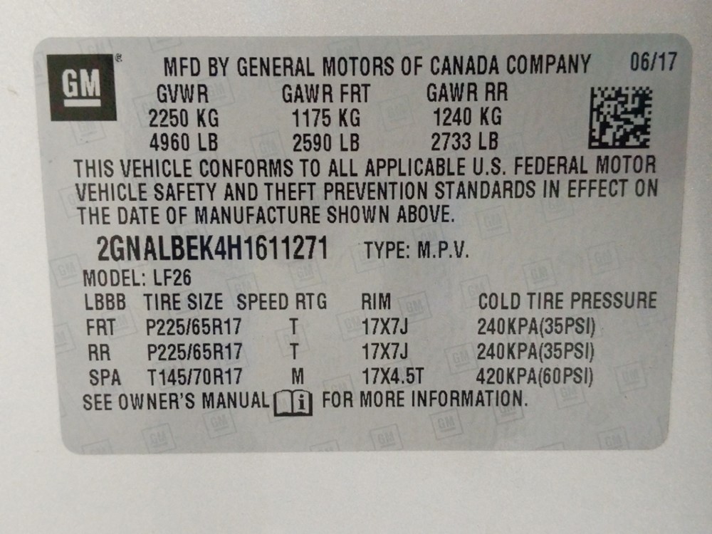 2017 Chevrolet Equinox - VIN Plate