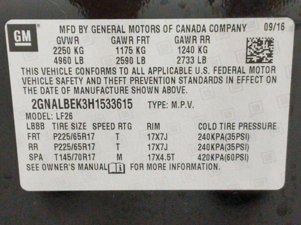 2017 Chevrolet Equinox - VIN Plate
