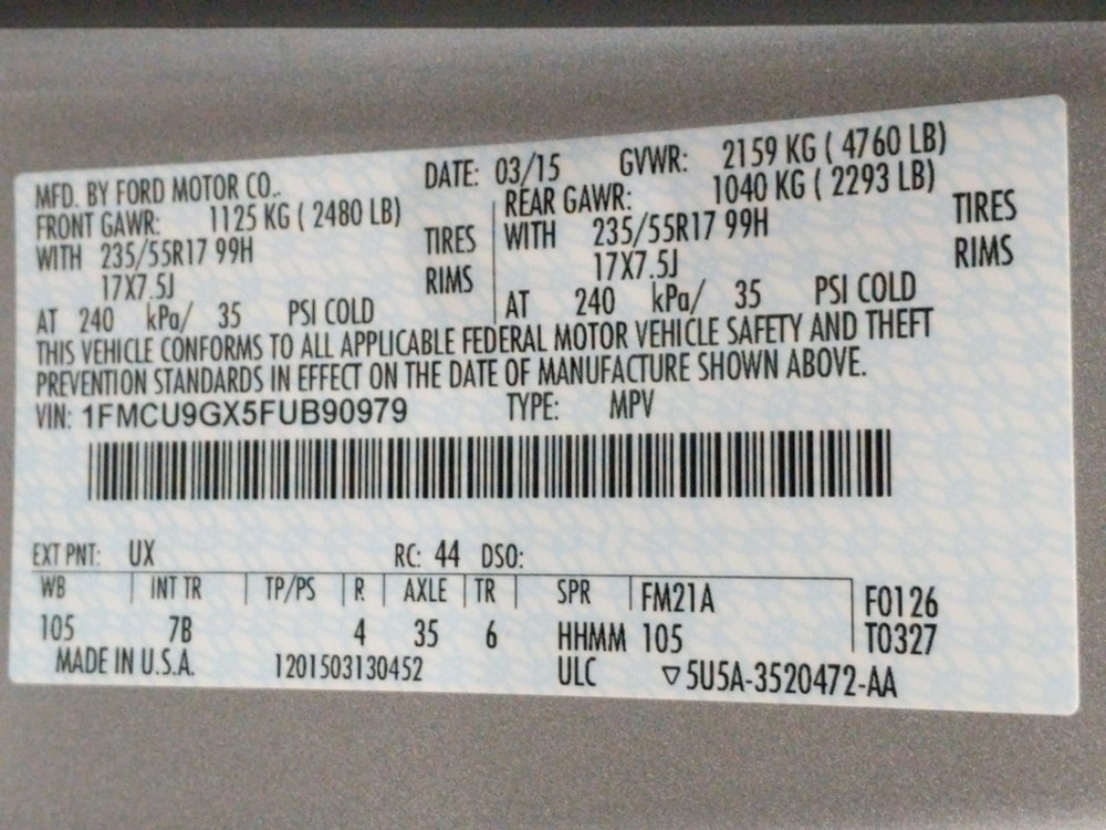 2015 Ford Escape - VIN Plate