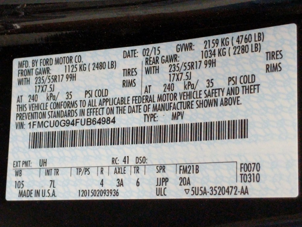2015 Ford Escape - VIN Plate