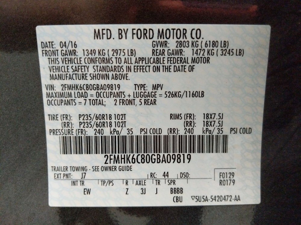 2016 Ford Flex - VIN Plate
