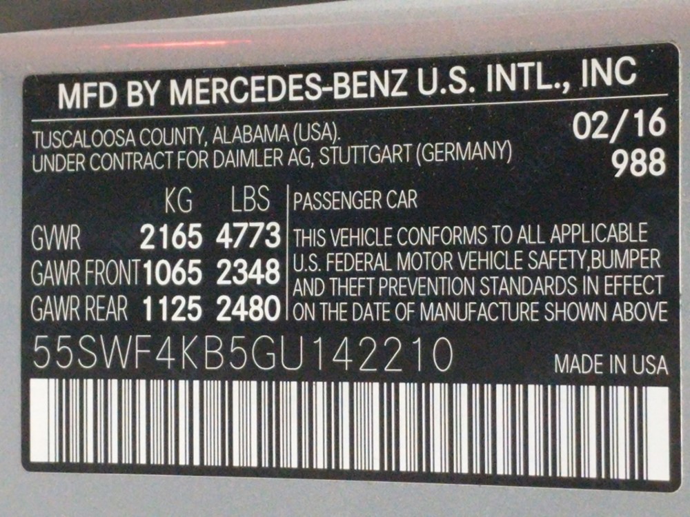2016 Mercedes-Benz C300 - VIN Plate