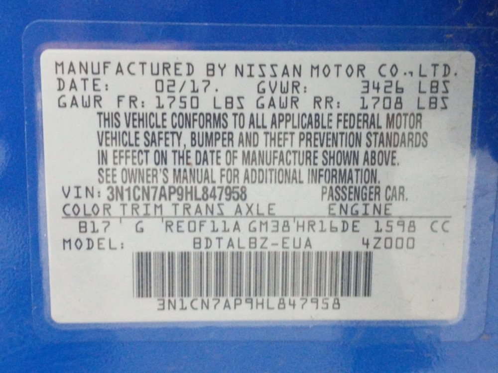 2017 Nissan Versa - VIN Plate